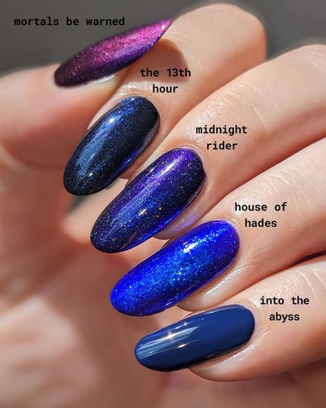 Nails Different Colors, Blue Glitter Nail Polish, Alice In Wonderland Nails, Blue Glitter Nails, Midnight Rider, Cartoon Nails, Steven Universe Funny, Blue Polish, Nail Shimmer