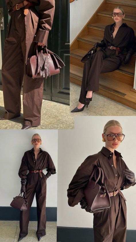 Brown look, beautiful girl, trendy brown color, stylish bag. Chocolate Brown Bag Outfit, Brown Silk Shirt Outfit, The Row Bag Outfit, Brown Classy Outfit, Chocolate Brown Outfits For Women, Light Brown Outfit, Red And Brown Outfit, Brown Shirt Outfit, Brown Monochrome Outfit