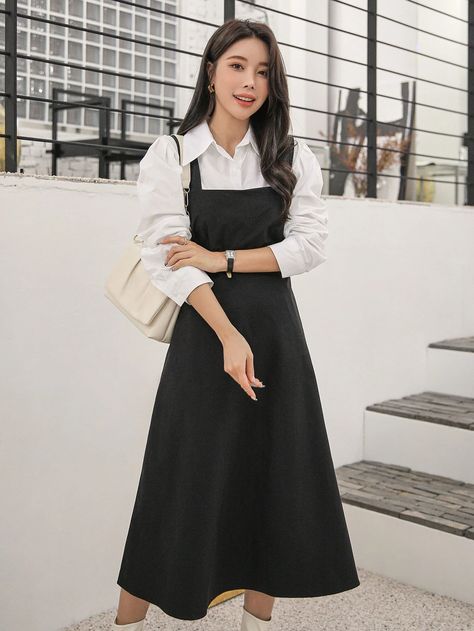 DAZY Solid Zip Back Cami Dress Without Blouse | SHEIN USA Modest Sleeveless Dress, White Blouse Under Dress, Dresses For Medium Size Women, How To Style A Simple Black Dress, Women's Fashion Dresses Casual Simple, Korean Dress Outfit Casual, Black Sleeveless Dress Outfit, College Dress Outfit, Collar Dress Outfit