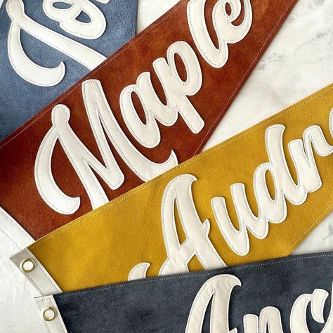 Large Single Word Custom Suede and Leather Pennant Flag Banner Personalized Leather Sign Banner - Etsy Pendent Flags Pennant Banners, Flag Design Ideas, Name Pennant, Fonts Retro, Create A Flag, Concrete Light, Pennant Flags, Felt Pennants, Pennant Flag