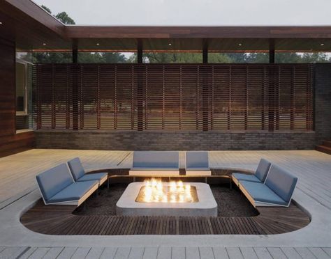 An Outdoor Fire Pit Is The Perfect Place For Late Night Conversations Garden Shower Ideas, Outdoor Fire Pit Ideas, Modern Outdoor Fireplace, Landscape Installation, Conversation Pit, Modern Porch, Landscape Yard, Custom Fire Pit, Outside Pool