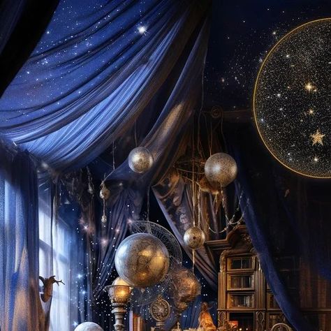 Celestial Gaming Setup, Ravenclaw Bathroom, Ravenclaw Common Room Bedrooms, Ravenclaw Library, Astrology Room Aesthetic, Ravenclaw Common Room Aesthetic, Astrology Bedroom Aesthetic, Ravenclaw Dorm Room, Ravenclaw Bedroom Aesthetic