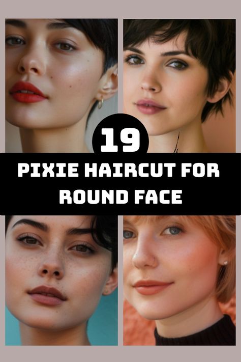 Collage of four women with different pixie haircuts suitable for round faces, showcasing trendy styles. Funky Pixie Haircut For Round Faces, Pixie Bob Haircut For Round Faces, Hairstyles For People With Round Faces, Round Face Buzzcut Women, Short Haircuts For A Round Face, Long Pixie For Round Face, Pixie On Round Face, Pixie Cut For Round Face Plus Size Double Chin, Pixie With Bangs Round Face