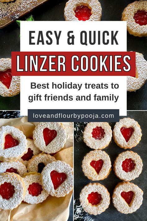 When it comes to holiday baking, cookies top the list of favorite Christmas goodies! And what better than a buttery, melt-in-the-mouth, snowy-looking jam-filled textbook-perfect cookie to kick off the holiday buzz? Linzer cookies are a typical shortbread cookie that makes the best holiday treats to gift friends and family during Holidays. This is an eggless recipe & made with almond flour. Read my blog for step-by-step instructions + tips for baking Linzer cookies at home. Holiday Baking Recipes Easy, Healthy Holiday Baking, Holiday Baking Cookies, Cookies With Almond Flour, Healthy Cookies For Kids, Holiday Baking Gifts, Easy Holiday Baking, Linzer Cookies Recipe, Eggless Cookie Recipes