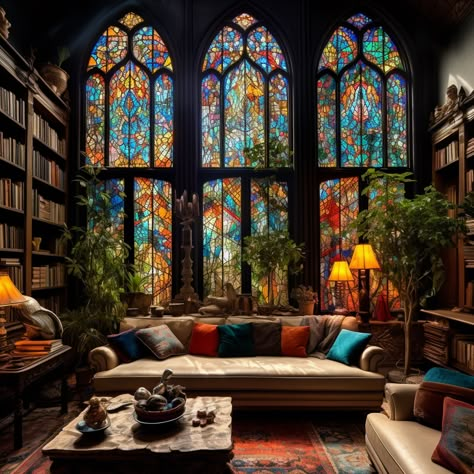 Library Stained Glass Windows, Stained Glass Library, Goth Dining Room, Stained Glass Windows In Homes, Home Library Aesthetic, In Home Library, Room House Design, Library Vibes, Incredible Houses