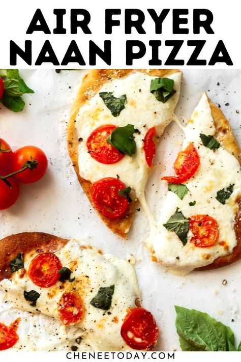 Air fryer naan pizza in air fryers -- how to make mini naan pizza in air fryer! If you've got naan bread you can make pizza in your air fryer! How to make air fryer pizza with naan bread -- it's so easy and delicious, and customizable for any preference! #naanpizza #airfryerpizza #airfryernaanpizza #mininaanpizza #airfryerrecipes Mini Naan Pizza, Pizza With Naan Bread, Air Fryer Naan, Pizza In Air Fryer, Cook In Air Fryer, Pizza In The Air Fryer, Mini Naan, Naan Bread Pizza, Naan Pizza Recipes