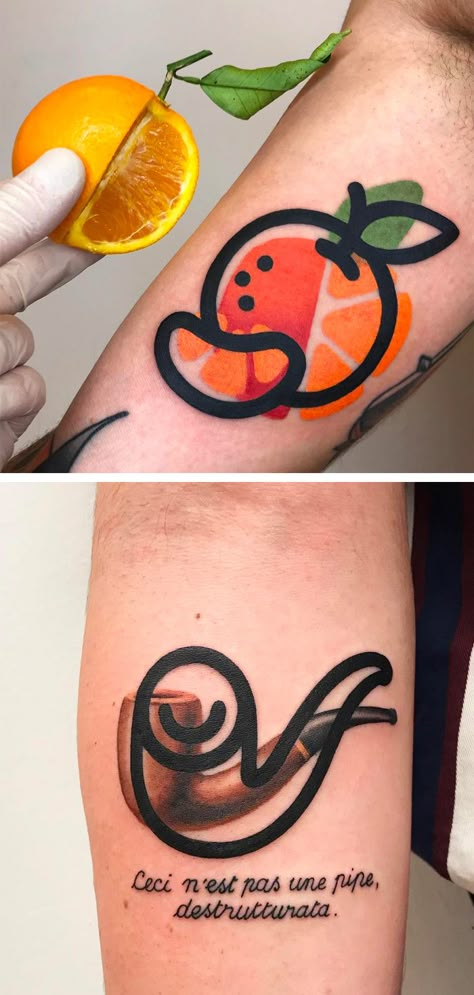 Mattia Mambo creates graphic interpretations of his clients’ favorite fruits, celebrities, and animals in minimalist tattoos. The designs use thick, rounded lines to highlight the shape of an object or face, with bold splashes of color creating an abstracted version of the subject underneath. Simple Bold Tattoos, Thick Lined Tattoos, Thick Lines Tattoo Style, Splash Of Color Tattoo, Mattia Mambo Tattoo, Orange Slice Tattoo Black And White, Fruit With Faces Tattoo, Mango Tattoo Minimalist, Mambo Tattoo Design