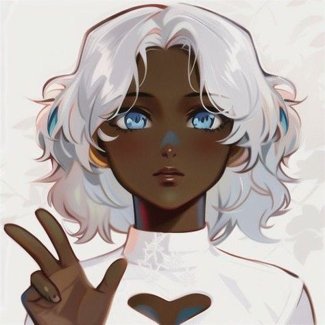 Dark Skin With White Hair Anime, Black Characters White Hair, Black Anime White Hair, Black Skin White Hair Character Art, Black Woman With White Hair Art, Short Hair Oc Art, Black Character With White Hair, Black Anime Characters White Hair, Dark Skin White Hair Character