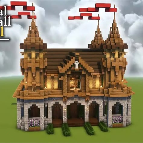 Town halls are impressive buildings you should have whenever you're making a village or building a community with other players in Minecraft. This Medieval Castle Town Hall will be able to handle all of your gatherings, events, public meetings for concerns, etc. With its spacious interior, you can expect that this structure will be able to hold a lot of players inside. The design is beautifully hand-crafted and blends in on any architectural form you have around. Check it out now! Minecraft Medieval Buildings, Minecraft Medieval Castle, Minecraft Medieval Village, Minecraft Building Designs, Minecraft Castle Designs, Vila Medieval, Hall Designs, Minecraft Structures, Building A Community