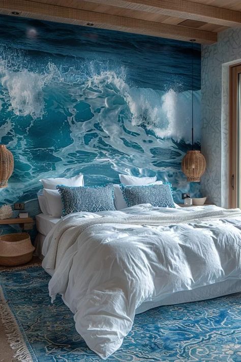 15 Aesthetic Coastal Bedroom Ideas for a Dreamy Retreat 13 Ocean Inspired Bedroom, Coastal Bedroom Ideas, Ocean Bedroom, 15 Aesthetic, Bedroom Beach, Ocean Room, Aesthetic Coastal, Nautical Bedroom, Teal Bedroom