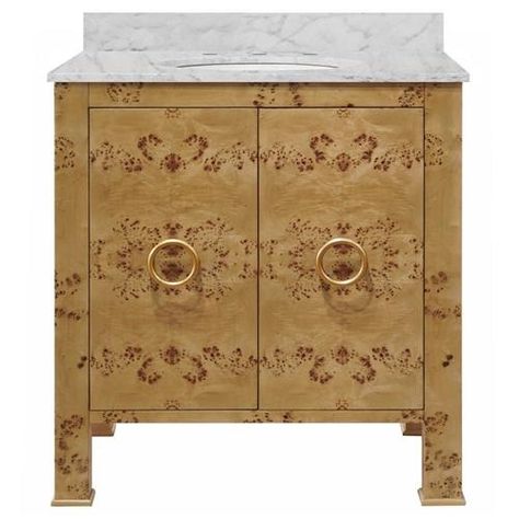 Worlds Away Blanche Regency White Marble Burl Wood Brass Pull Bath Vanity Sink Burled Wood Furniture, Small Bathroom Vanities, Marble Backsplash, Porcelain Sink, Marble Vanity Tops, Sink Vanity, Bathroom Vanities For Sale, Wood Vanity, Burl Wood