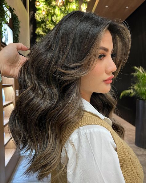 Ash Brown Partial Balayage On Black Hair, Asian Hair Colour Brown, Brunette Babylights Ash Brown, Dark Brunette Partial Balayage, Partial Hair Highlights, Partial Balayage For Dark Hair, Ash Brown Partial Highlights, Partial Highlights For Dark Hair Ash, Dark Brown Hair With Partial Balayage