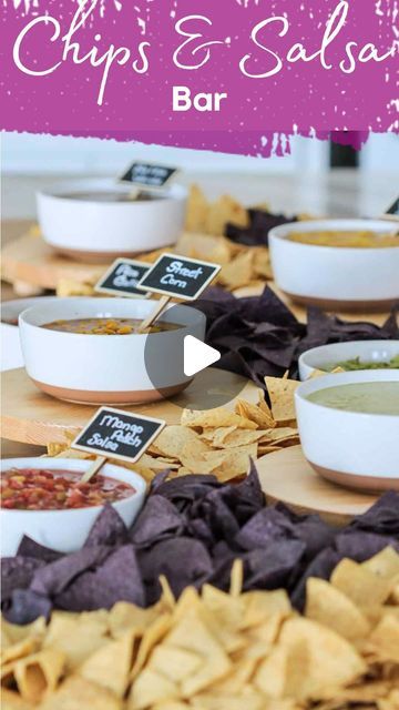 Aleka Shunk on Instagram: "🙌🏻 I put together this fun chips and salsa bar for some guests along with a pitcher of my margaritas and everyone LOVED it!! #ad  . I grabbed 9 bags of @mininatortilla chips from my local @publix … because they’re the best tortilla chips as well as 6 different jars of salsas!! (Including a guac of course!) 😬 . I also laid out a sheet of craft paper which formed the base of my bar (and makes for easy clean up!) . I added mini chalkboard signs because I think they’re cute. You can instead use marker and write on the craft paper the types of salsa as another option! . 👬 Overall the bar took me less than 30 minutes to set up and can feed at least 20 people! . COMMENT “recipe” for a link to this post where I also share links to the craft paper, wooden risers, mini Chips And Salsa Bar Wedding Receptions, How To Serve Chips And Salsa At A Wedding, Chips And Salsa Bar Wedding, Cocktail Hour Chips And Salsa, Chips And Salsa Cocktail Hour, Salsa Bar, Charcuterie Party, Mini Chalkboards, Taco Bar