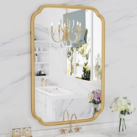 Amazon.com: Ferytange Gold Bathroom Mirror for Wall 20" x 30" Modern Rounded Corner Rectangle Mirror with Non-Rusting Iron Metal Framed Bathroom Vanity Mirror for Over Sink Wall Decor(Horizontal/Vertical) : Home & Kitchen Over Sink Wall Decor, Sink Wall Decor, Full Body Mirror Bedroom, Gold Bathroom Mirror, Powder Room Mirror, Long Mirror, Mirror For Wall, Closet And Bathroom, Gold Mirror Wall