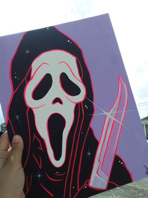 Trippy Ghost Face Painting, Trippy Horror Painting, Ghost Face Acrylic Painting, Scary Movie Canvas Painting, Painting Ideas On Canvas Ghost Face, Horror Movie Character Paintings, Ghostface Painting Cute, Scream Painting Ideas Easy, Vampire Painting Easy