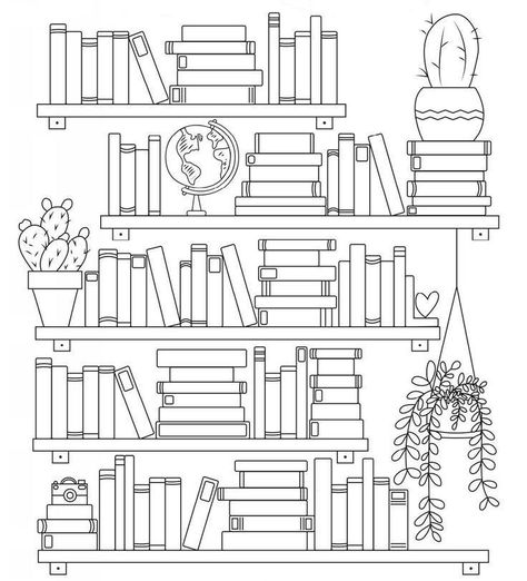 Book Themed Coloring Pages, How To Draw Bookshelf, Books On Shelf Drawing, Reading Journal Bookshelf Template, Bookshelf Coloring Page, Book Shelves Drawing, Drawn Bookshelf, Bookshelf Doodle, Bookshelf Bullet Journal