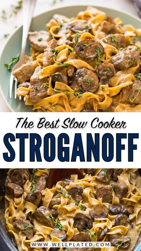 The BEST recipe for Slow Cooker Beef Stroganoff from scratch! Healthy beef stroganoff without canned soup. EASY, creamy crockpot recipe with steak, mushrooms, and Greek yogurt instead of sour cream. Crockpot Meals Beef Stroganoff, Beef Stroganoff Soup Instant Pot, Dairy Free Beef Stroganoff Crockpot, Slow Cooker Beef Stroganoff Easy, Easy Beef Stroganoff Crockpot, Beef Stroganoff Slow Cooker, Crockpot Stroganoff, Recipe With Steak, Crock Pot Stroganoff