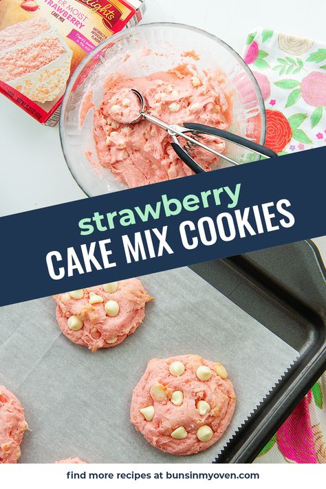 Easy, pink, and just 4 ingredients! These strawberry cake mix cookies are so fun! Strawberry Cake Mix Desserts Easy, What To Make With Strawberry Box Cake, Strawberry Cake Mix Cookies Recipes, Strawberry Cake Mix Recipes Easy, Recipes With Strawberry Cake Mix Boxes, Box Strawberry Cake Recipes, Recipes Using Strawberry Cake Mix Boxes, Strawberry Cake Mix Brownies, Cake Mix Strawberry Bread