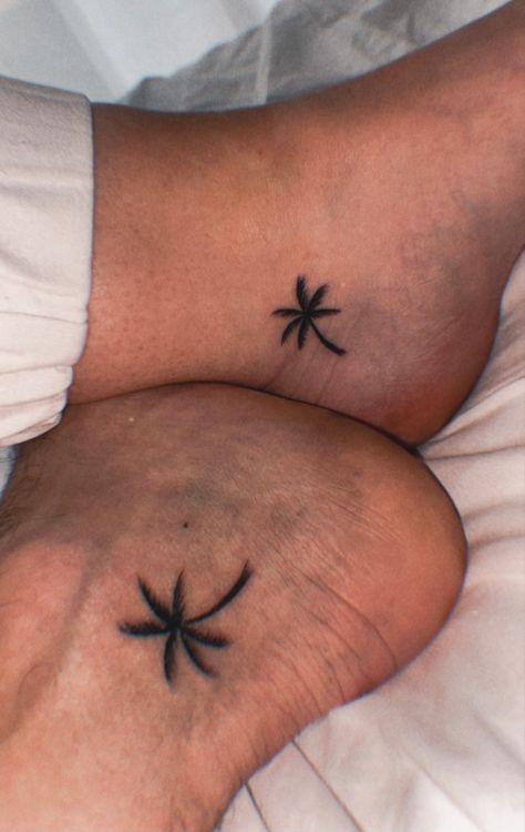 Matching Holiday Tattoos Couples, Matching Ankle Tattoos, Palm Tree Tattoo Ankle, Toe Tattoos, Tattoo Ankle, Wife Tattoo, Small Matching Tattoos, Small Palm Trees, Tattoo Couple