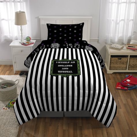 Experience the ultimate in cozy comfort with our Beetlejuice bedding! Let the Beetlejuice magic transport you to a world of fun and spookiness. With this twin bed set, every moment becomes an opportunity for adventure and laughter, where even the ghosts can't resist joining in on the cozy fun. Embrace the whimsy, embrace the weirdness, and make every day a Beetlejuice-worthy escapade! UNDER PENALTY OF LAW THIS TAG NOT TO BE REMOVED EXCEPT BY THE CONSUMER ALL NEW MATERIAL consisting of POLYESTER Pastel Goth Bedding, Beetlejuice Room Ideas, Goth Apartment Decor, 80s Bed, Beetlejuice Room, Beetlejuice Home Decor, Beetlejuice Party, Black Bed Set, Halloween Bedroom Decor