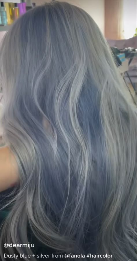 blue hair dusty blue silver hair dye Icy Blue Highlights Brown Hair, Blue Toned Blonde Hair, White Hair Blue Streaks, White And Blue Hair Aesthetic, Blue Jean Hair, Blue Hair With White Highlights, Blue Hair Blonde Highlights, Silver Hair With Blue Highlights, Dusty Blue Hair Color