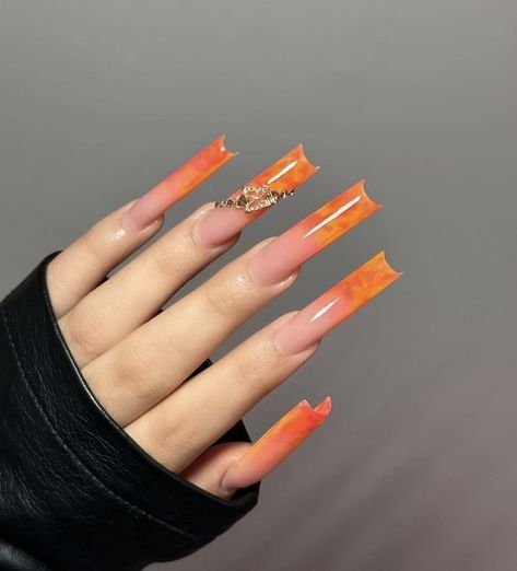 Long Orange Nails, Acrylic Nail Designs Classy, Orange Nail, Tapered Square Nails, Acrylic Toe Nails, Airbrush Nails, Drip Nails, Nails Design With Rhinestones, Glow Nails