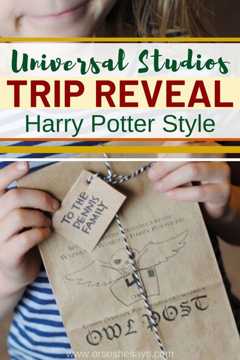 This Universal Studios trip reveal idea is so cute, especially for the Harry Potter fans! Complete with free printable and fun ideas! #vacationannouncement #vacationreveal #tripannouncement #tripreveal #universalstudtios #harrypotter #californiavacation Universal Studios Christmas Gift Reveal, Universal Studios Christmas Surprise, Universal Studios Planning Printables, Universal Studios Orlando Planning Printables Free, Universal Trip Reveal, Surprise Vacation Reveal Ideas Kids, Universal Studios Trip Reveal, Surprise Trip Reveal Ideas Kids, Universal Gift Ideas