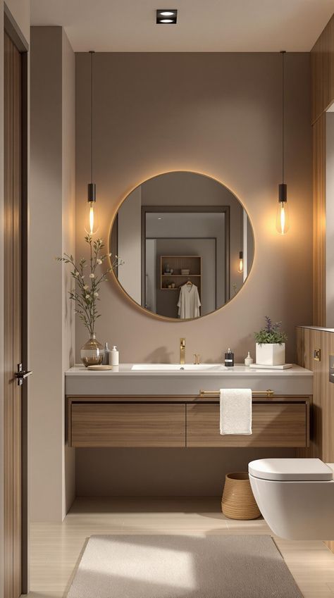 Neutral Bathroom Decor Ideas Spa Modern Bathroom, Guest Bathroom Organic Modern, Modern Earth Tone Bathroom, Bathroom Ideas Realistic, Bathroom Inspo Aesthetic Vintage, Apartment Decor Neutral Colors, Brown Cream And Gold Bathroom, Relaxing Bathroom Design, Toilet Design Interior