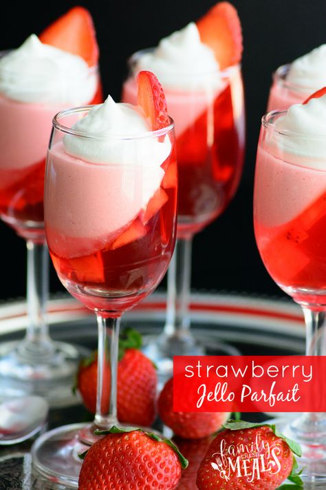 This Strawberry Jello Parfait may look fancy, but it’s actually really simple to make, and makes the perfect Valentine's Day treat! Valentine Jello Desserts, Fancy Valentines Dinner Kids, Valentines Catering Ideas, Valentines Work Party Ideas, Valentine Dinners For Family, Fancy Galentines Party, Valentines Day Party Food Dinner, Fancy But Easy Appetizers, Valentine's Day Dinner Family