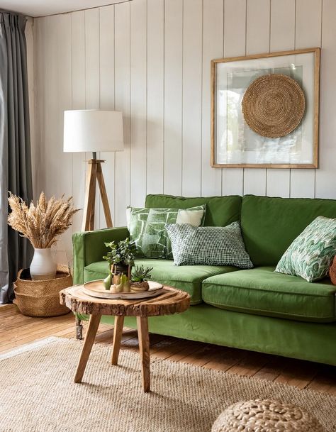 10 Best Green Couch Living Room Ideas - All Crafts Light Green Couch, Green Couch Living Room Ideas, Dark Green Couches, Living Room Hippie, Modern Green Living Room, Velvet Couch Living Room, Blue Family Rooms, Cathedral Ceiling Living Room, Green Couch Living Room