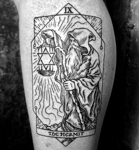 The Hermit Tarot Card Tattoo, Hermit Tarot Card Tattoo, The Hermit Tattoo, The Hermit Tarot Tattoo, Hermit Tattoo, Occult Tattoos, Single Tattoos, Tarot Tattoos, Esoteric Tattoo