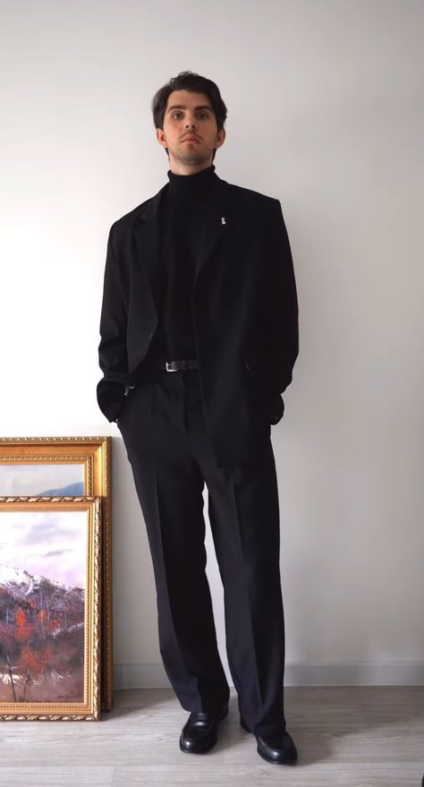 All Black Old Money Outfit Men, Men Casual Formal Outfit, Jazz Club Outfit Men, Men’s Interview Outfit, Jazz Outfits Style Men, Black Old Money Outfits, Total Black Outfit Men, Male Formal Outfits, Monochromatic Outfit Men