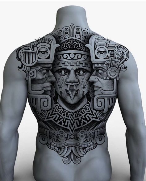 Mayan Gods Tattoo, Mayan Back Tattoo, Tattoo Back Piece Men, Purepecha Tattoo, Mayan Tattoos Men, Mexican Tattoo Ideas For Men Aztec, Aztec Back Tattoo, Mayan Warrior Tattoo, Aztec Tattoo Designs For Men