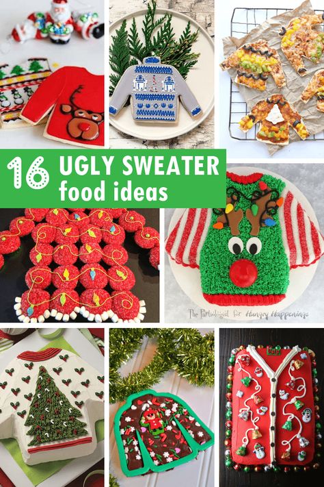 A roundup of ugly sweater food ideas for your ugly sweater Christmas party. Silly, fun food ideas for Christmas parties. Ugly Sweater Party Food, Food Ideas For Christmas, Ugly Christmas Sweater Cake, Ugly Sweater Cake, Christmas Headband Diy, Ugly Sweater Cookie, Tacky Christmas Party, Ugly Sweater Christmas Party, Christmas Desserts Party