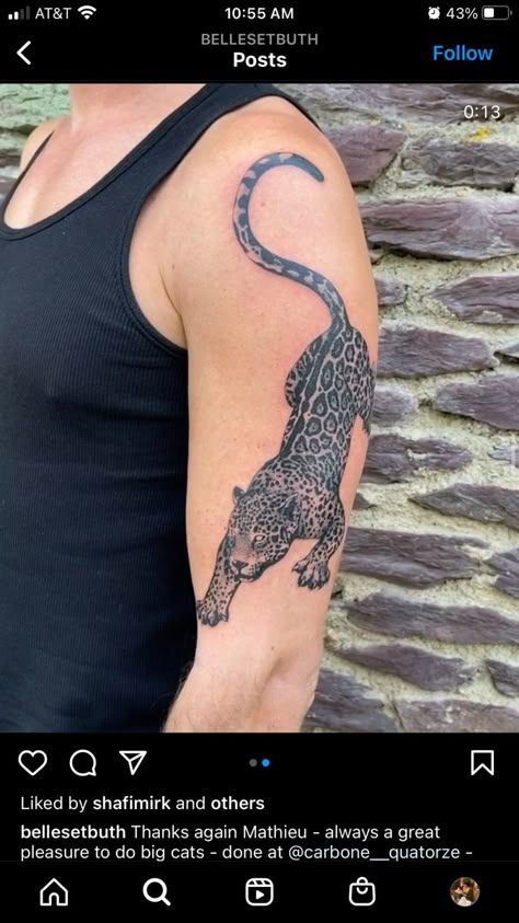 Tattoo Ideas Jaguar, Black Panther Shoulder Tattoo, Big Cat Tattoo Men, Jaguar Tattoo Forearm, Snow Leopard Tattoo Traditional, Realistic Jaguar Tattoo, Leopard Stomach Tattoo, Panther Tattoo Shoulder, Jaguar Shoulder Tattoo