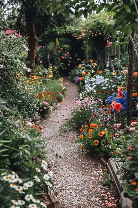 Step into the world of DIY with these inviting garden walkway ideas on a budget! Perfect for weekend warriors looking to enhance their outdoor space without breaking the bank. Discover simple materials and easy steps to create your own picturesque garden pathway. #GardenWalkway #DIYProject #BudgetFriendly Farmhouse Garden Decor Ideas, Backyard Landscaping Wildflowers, Yard Flowers Ideas Backyards, Pathway Flower Bed, Flower Pathway Walkways, Functional Garden Ideas, Shade Pathway Walkways, Square Flower Garden Design Layout, Natural Garden Layout