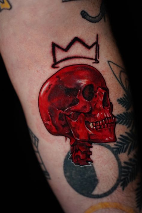 Covered up an existing tattoo under this red skull ! Visit instagram to see the before and after #tattoo #coveruptattoo #tattooideas #skultattoo #inked #tattooart Red Tattoo Cover Up, Big Cover Up Tattoos For Women Arm, Red Skeleton Tattoo, Red Cover Up Tattoo, Skull Cover Up Tattoo, Red Skull Tattoo, Red Tattoo Men, Before And After Tattoo, Big Cover Up Tattoos