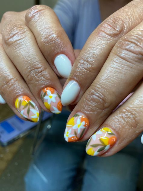 Orange And Lemon Nails, Orange Citrus Nails, Orange Blossom Nails, Citrus Nail Art, Citrus Nails, Nails Lemon, Blossom Nails, Lemon Nails, Inspired Nails