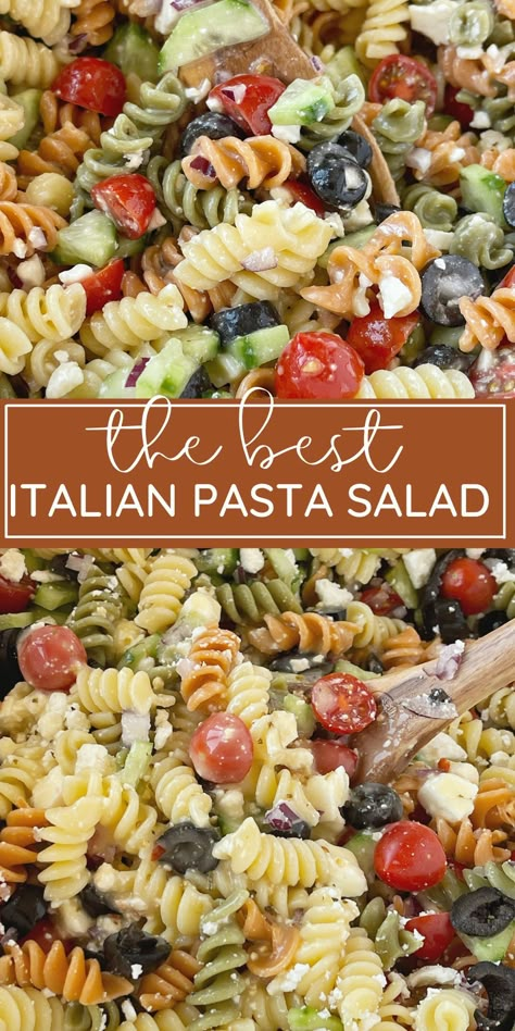 Best Pasta Salad For Party, Pasta Salad With Italian Dressing Feta, Cold Pasta Salad Italian Dressing, Sicilian Pasta Salad Recipes, Pasta Salad Recipes Small Batch, Gathering Food Ideas Friends, Rotini Pasta Salad Italian Dressing, Feta Olive Pasta, How Much Pasta Salad For 50 People