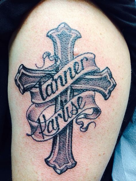 Cross With Names Tattoo Design, Christian Memorial Tattoos, Kid Tattoos For Moms, Ca Tattoo, Monkeys Tattoo, Rip Tattoos For Dad, Memorial Tattoos Mom, Tattoos Mom, Rip Tattoos