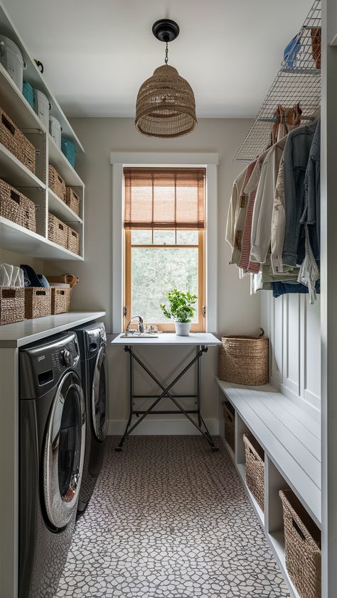 Maximize efficiency in compact laundry rooms with clever hacks. There is an open Fold-down table, a wall-mounted drying rack, benches with storage underneath, narrow rolling units alongside the washer or dryer. Storage bins or baskets that slide on top of the washer and dryer Shelving units that can be placed next to the machines Hanging organizers that can be attached to the wall or the side of the machines Laundry Room Ideas With Drying Rack, Narrow Laundry Room Layout, Narrow Laundry Room Ideas, Laundry Room Layout Ideas, Laundry Room Layout, Benches With Storage, Compact Laundry Room, Room Layout Ideas, Narrow Laundry Room