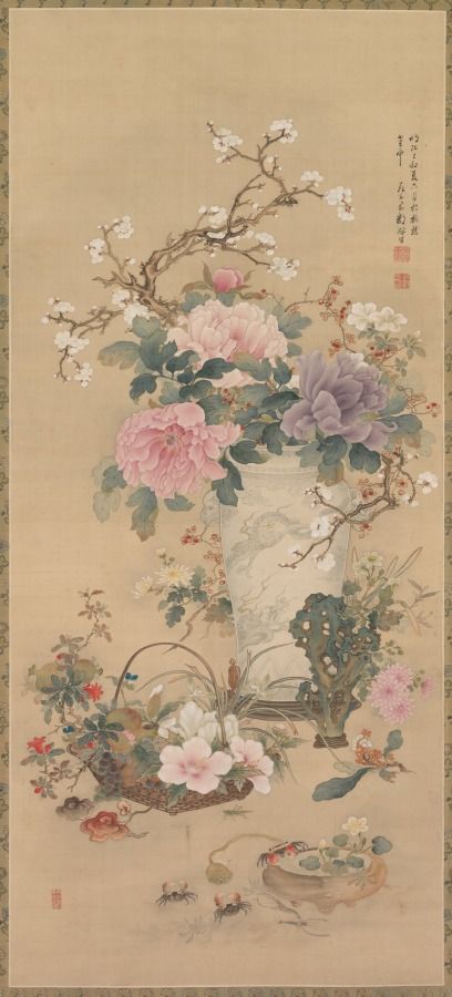 A great interest in Western scientific studies developed in Japan during the late Edo period (1615-1868) and into the Meiji era (1868-1912). One outcome of this phenomenon in the visual arts was the detailed portrayal of plant, animal, and marine life. This painting is an assemblage of objects carefully observed from nature, but not usually seen together. Chinese Painting Traditional, Chinese Painting Flowers, Art Chinois, Chinese Art Painting, Vase Of Flowers, Japanese Art Prints, Japon Illustration, Cleveland Museum Of Art, Botanical Painting