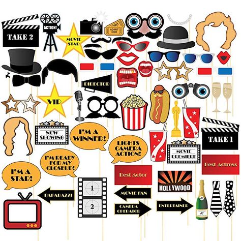 Movie Night Photo-Booth Props – 60-Pack Hollywood Party Selfie Photo Props Accessories, Birthday Party Supplies on Bamboo Sticks, Assorted Designs Party Selfie, Cocktail Party Decor, Party Photo Booth Props, Hollywood Party Theme, Movie Themed Party, Hollywood Theme, Movie Night Party, Hollywood Party, Movie Themes