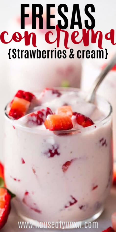 Strawberries And Cream Margarita, Sweet Cream For Fruit, Strawberry Cream Dessert Recipes, Healthy Strawberries And Cream, Mexican Fruit Dessert, Strawberry Crema Fresca, Fresas Crema Recipe Mexican Easy, Strawberry And Cream Drink, Crema Fresca Recipes