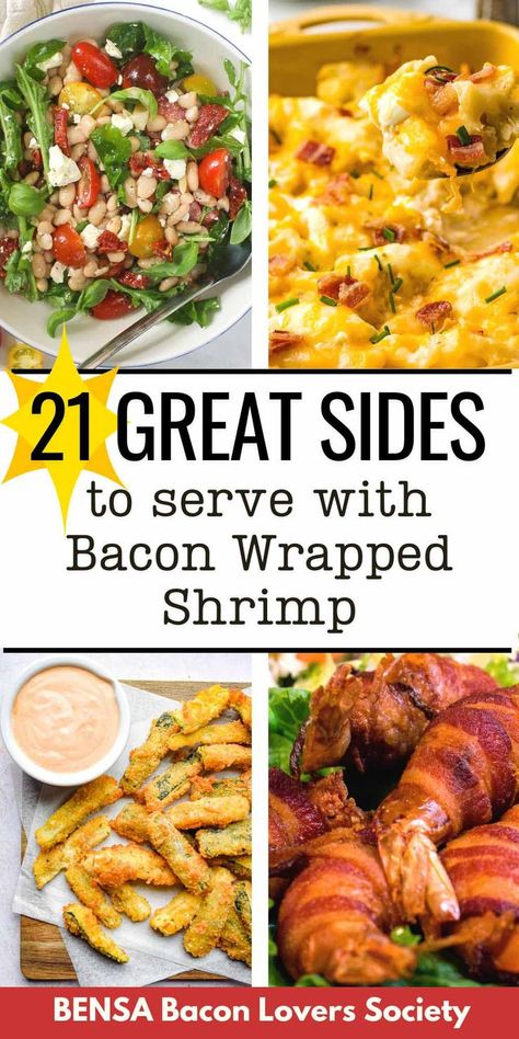 A collage of salad, a cauliflower casserole, zucchini fries with dipping sauce, and bacon-wrapped shrimp. Bacon Wrapped Stuffed Shrimp, Shrimp Sides, Dinner Recipes Bacon, Shrimp Wrapped In Bacon, Bacon Grease Uses, Deviled Eggs Bacon, Bacon Dinner Recipes, Bacon Side Dishes, Bacon Baked Beans