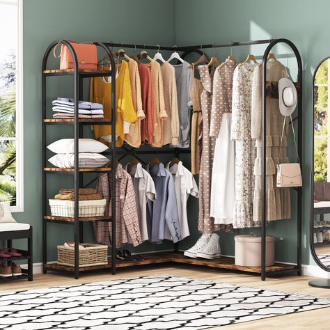 PRICES MAY VARY. [Refresh Your Closet]: Featuring warm tone, industrial style and classic design, complete and accent any style of your home decor. Combination of shoe rack, shelf and clothes rail, it provides all the storage space you need. Use this corner closet system to bring organizational appeal to your wardrobe rather than sorting through an overstuffed closet. [Smart L Shape Design]: Adopts a smart L shape corner design, this closet rack saves space while also improves its functionality. Organiser Son Dressing, Standing Closet, Corner Closet, Rolling Clothes Rack, Free Standing Closet, Closet Rack, Tiny Closet, Open Wardrobe, Open Closet