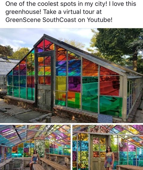 Colored Glass Greenhouse, Rainbow Greenhouse, Colourful Greenhouse, Stainglass Greenhouse, Greenhouse Classroom, Plexiglass Greenhouse, Greenhouse Colors, Rainbow House Exterior, Colorful Greenhouse