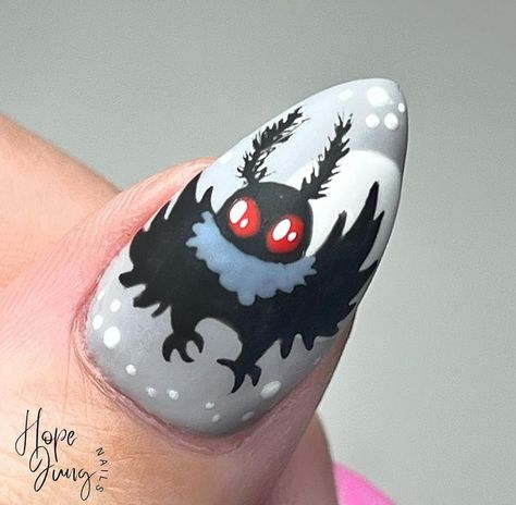 Mothman wants to know if you’re ready for 31 days of Halloween nails? Cause it starts on Tuesday 👀💀 Use code Hope15 to save with @lightelegancehq #LightElegance #gelpolish #nailpro #mkenailtech #fallnails #naileducator #lightelegance #mkenails #mothmannails #waukeshanails #gelnails #nailtech #milwaukeenails #milwaukeenailtech #halloweenNails #mothman Mothman Nail Art, Cryptid Nails, Mothman Nails, Funky Halloween Nails, Moth Nails, Bat Nails Art, Mail Inspo, Ghost Nails, Bat Nails