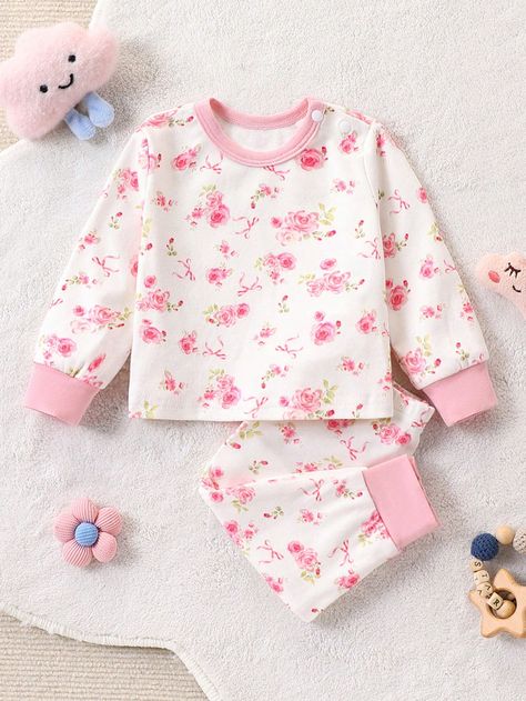 2pcs Newborn Baby Girl Floral Print Long Sleeve Knit Soft Breathable Pajama Set Baby Pink     Floral,Plants Baby Pajama Set Medium Stretch  Baby Girls Clothing, size features are:Bust: ,Length: ,Sleeve Length: Pantalon Rose, Newborn Baby Girl, Baby Pajamas, Girls Pajamas, Girls Clothing, Baby Sets