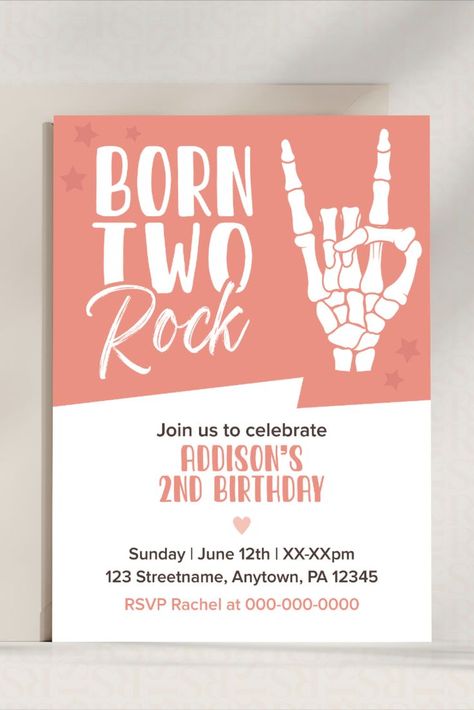 Born Two Rock Birthday Party Theme for Girl's second birthday party Born 2 Rock Birthday Party, Born Two Rock, Rock And Roll Theme, 2nd Birthday Invite, Boho Colors, 2nd Birthday Party, Girls Rock, 2nd Birthday Parties, Colorful Boho